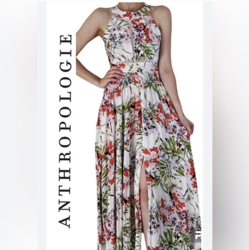 Annthropologie Abel The Label Vienna Orchid Floral Print Halter  Maxi Dress